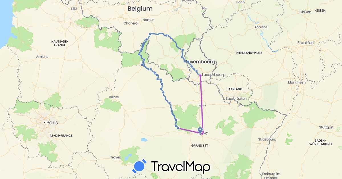 TravelMap itinerary: driving, cycling, train in Belgium, France, Luxembourg (Europe)