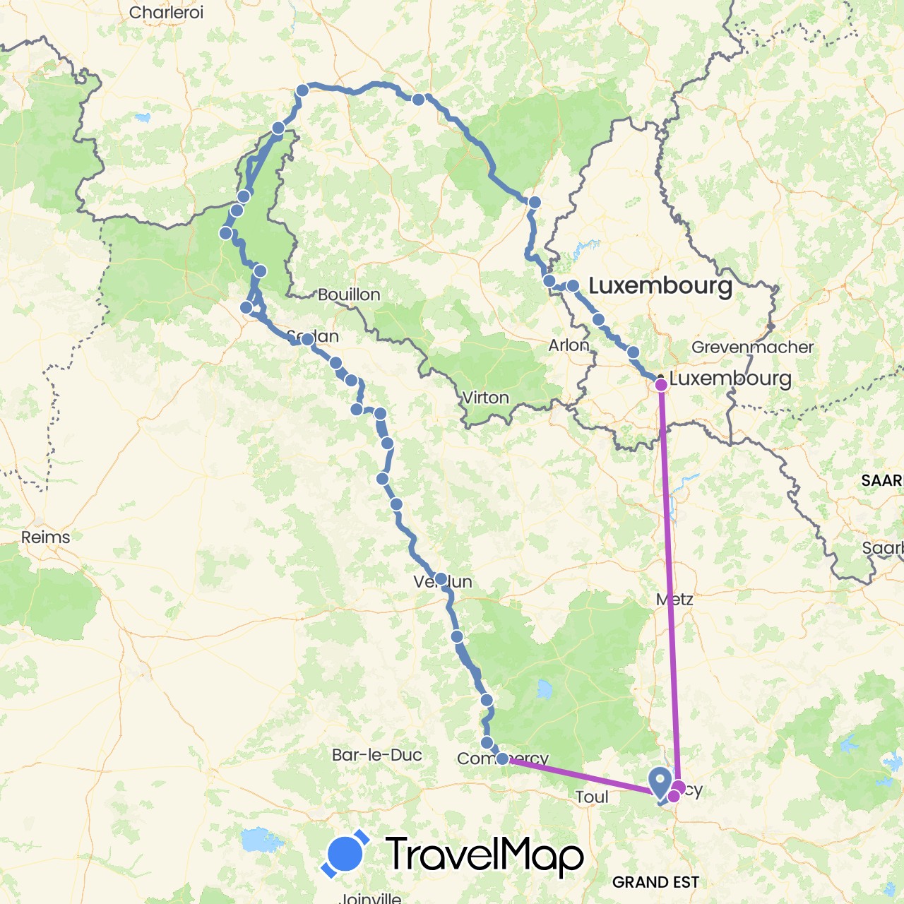 TravelMap itinerary: driving, cycling, train in Belgium, France, Luxembourg (Europe)