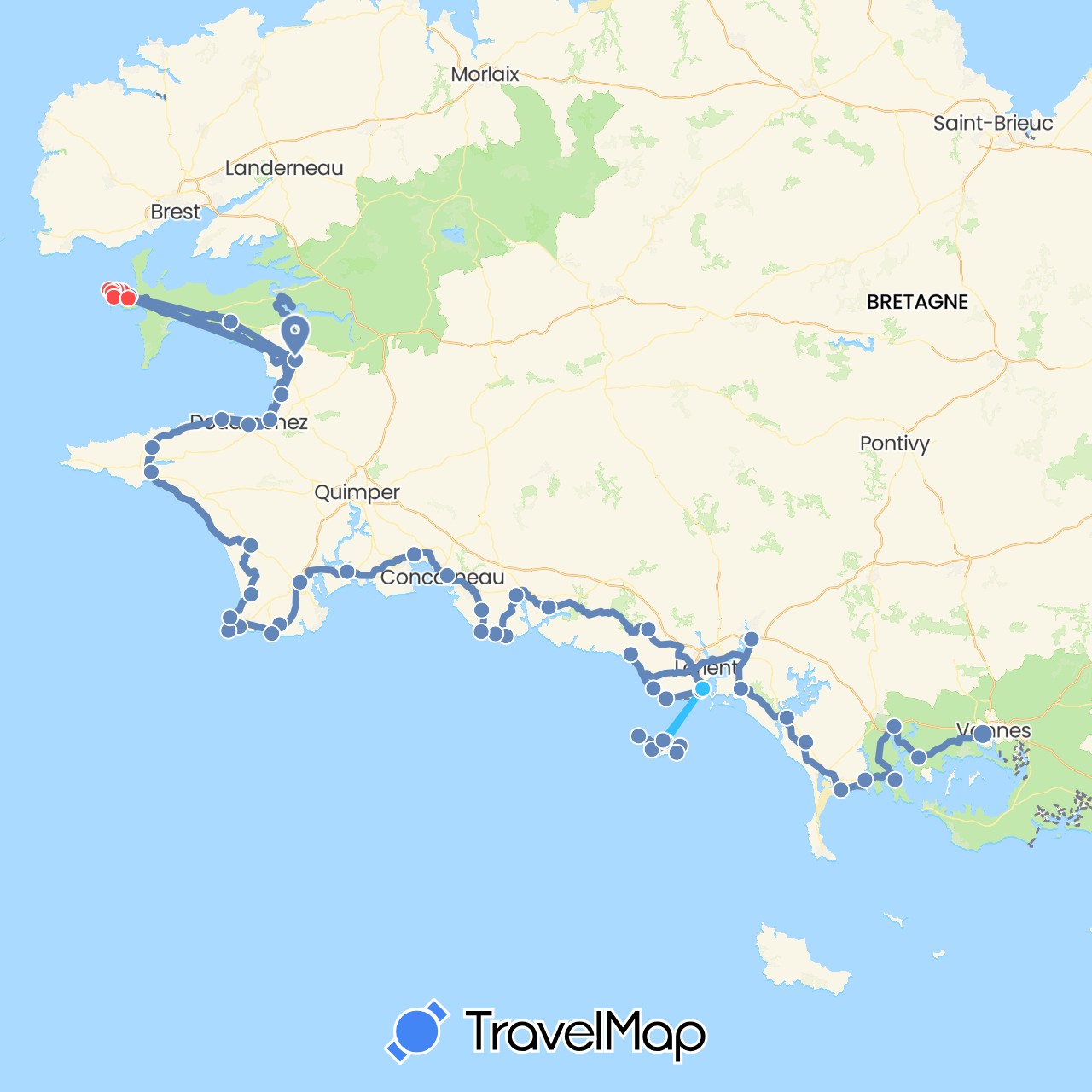 TravelMap itinerary: driving, cycling, hiking, boat in France (Europe)