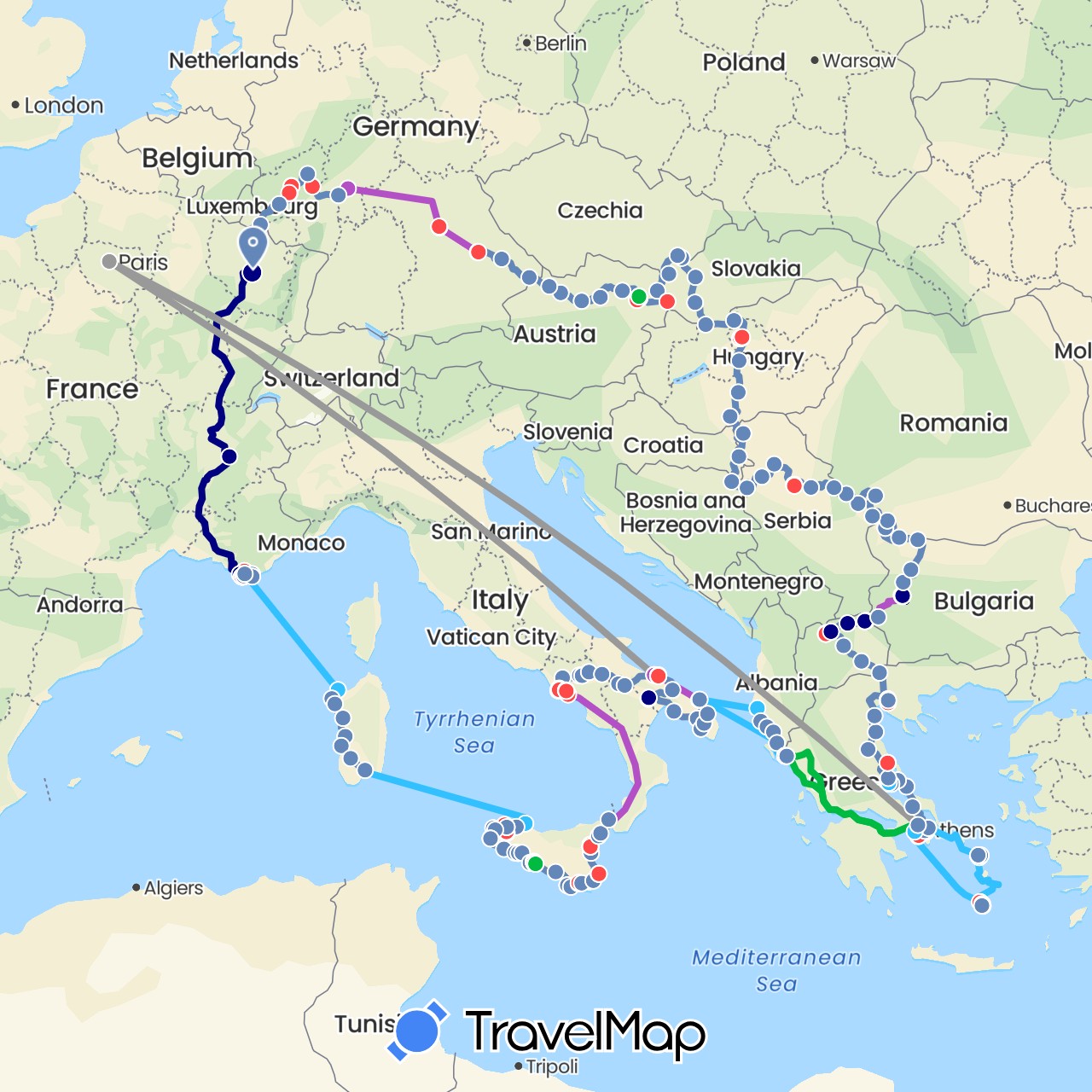 TravelMap itinerary: driving, bus, plane, cycling, train, hiking, boat in Albania, Austria, Bosnia and Herzegovina, Bulgaria, Czech Republic, Germany, France, Greece, Croatia, Hungary, Italy, Luxembourg, Macedonia, Romania, Serbia, Slovakia (Europe)