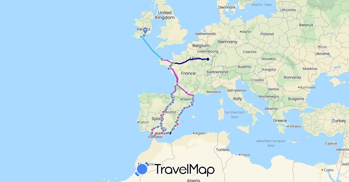 TravelMap itinerary: driving, bus, cycling, train, hiking in Spain, France (Europe)