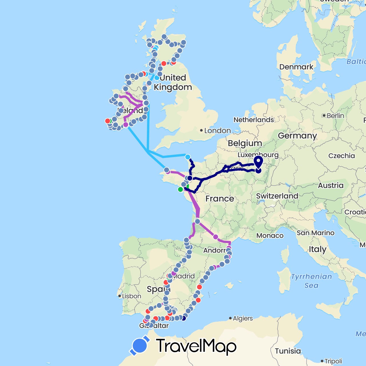 TravelMap itinerary: driving, bus, cycling, train, hiking, boat in Spain, France, United Kingdom, Ireland (Europe)