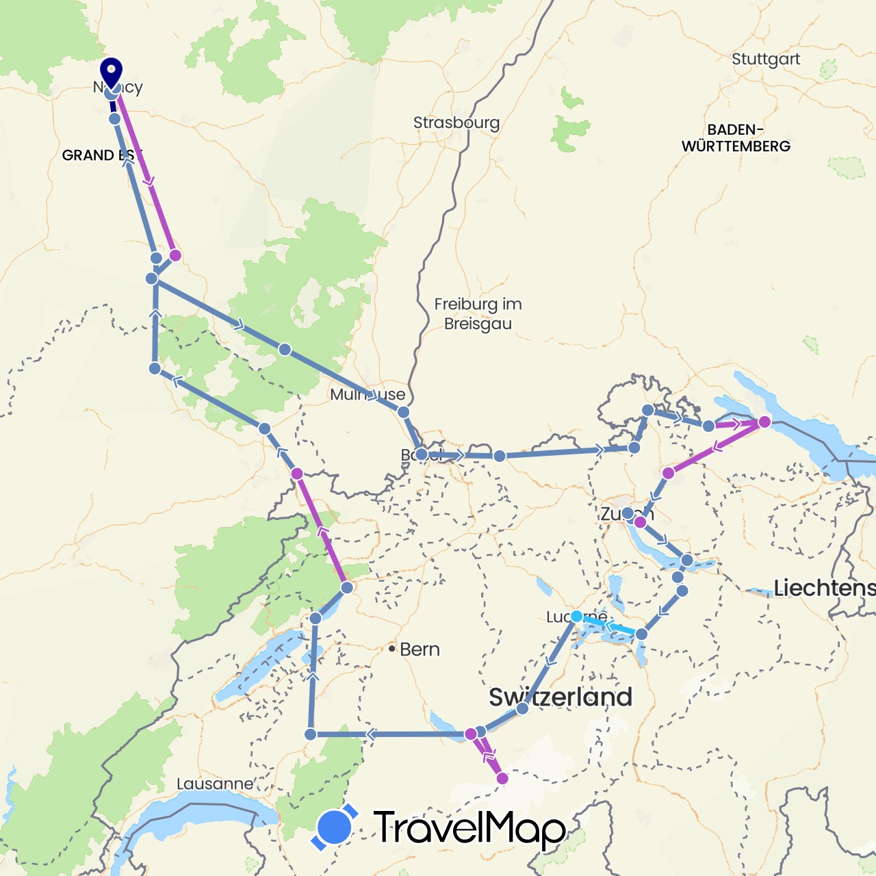 TravelMap itinerary: driving, cycling, train, boat in Switzerland, Germany, France (Europe)