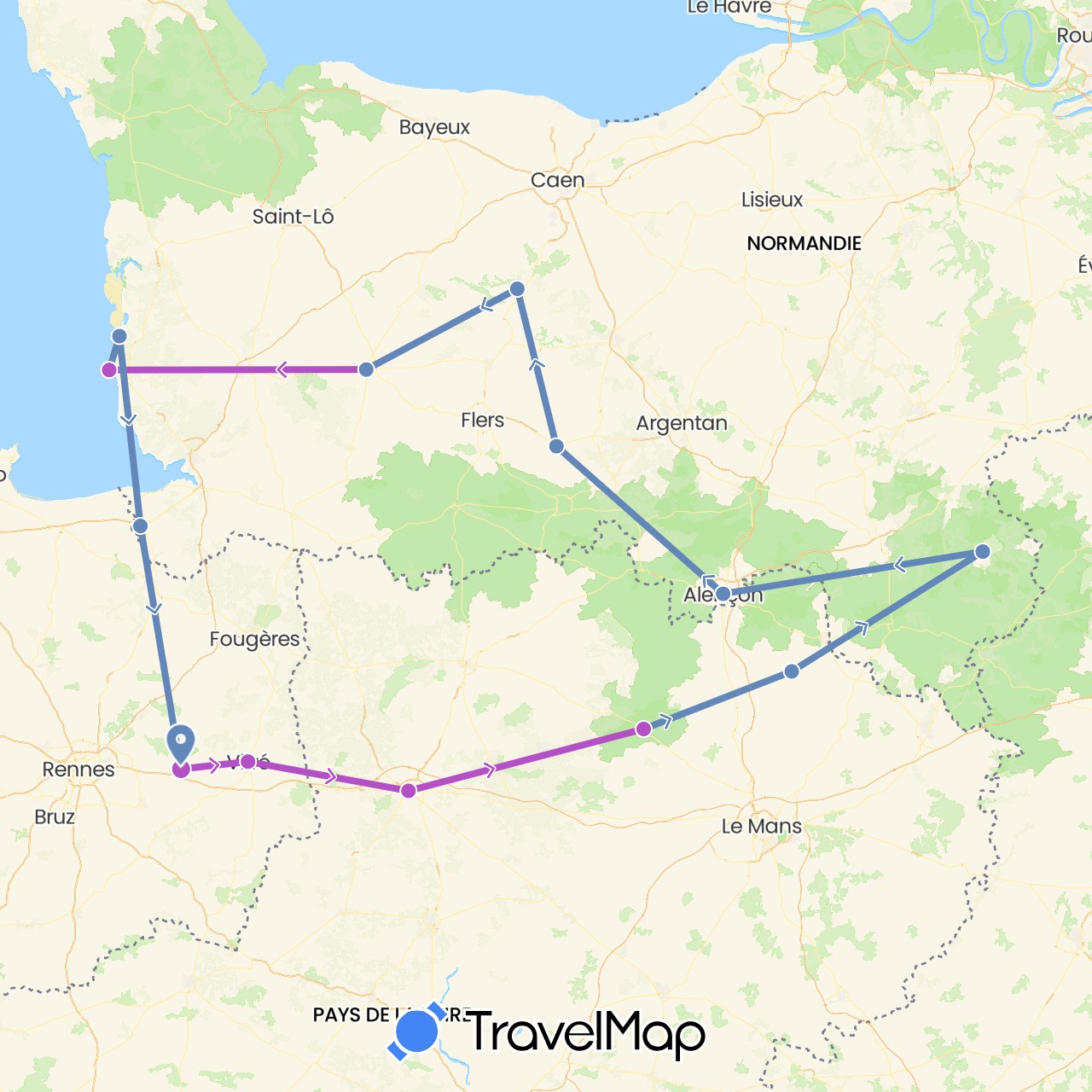 TravelMap itinerary: driving, cycling, train in France (Europe)